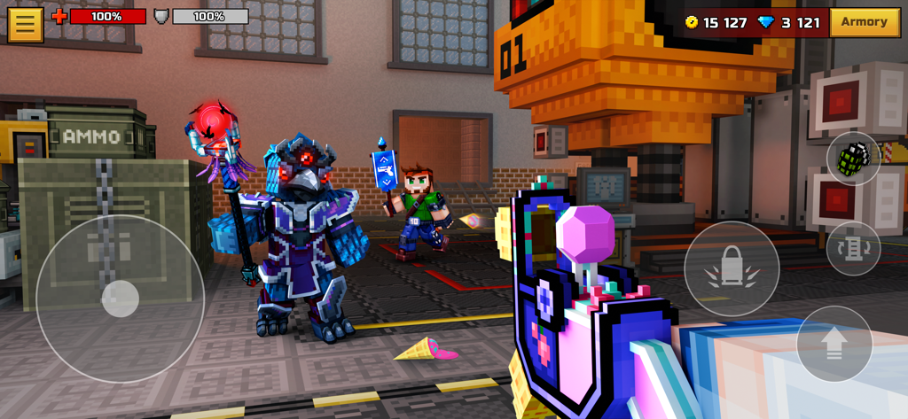 Pixel Gun 3D: Online Shooter - Jugabilidad de shooter en primera persona en Pixel Gun 3D con personajes de bloques y armas únicas en una arena industrial.