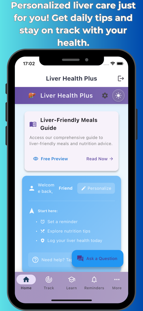 Liver health plus - Liver Health Plus mobile app home screen featuring a liver-friendly meals guide and daily health tracking tasks.