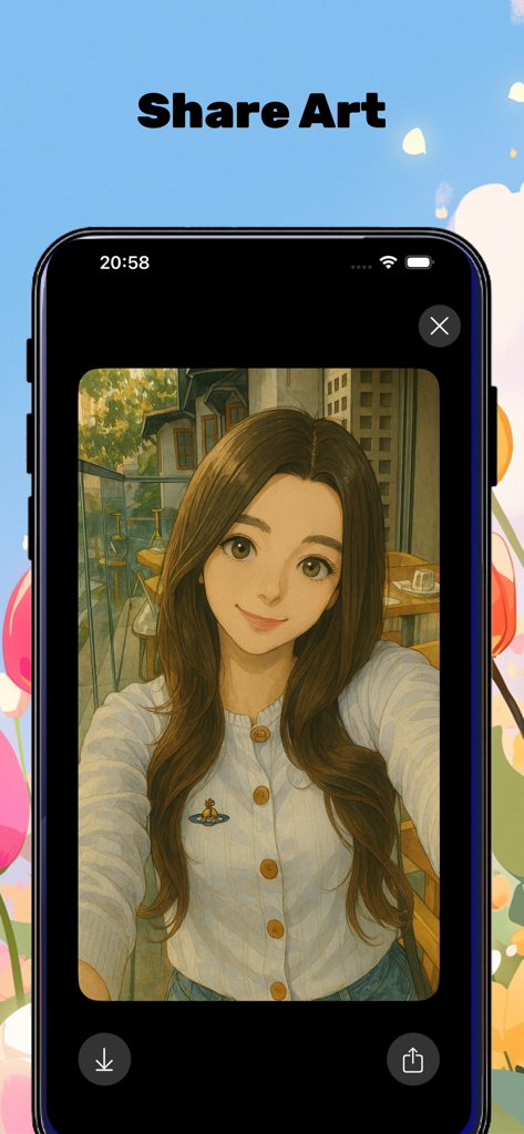 ToonPro - toon your photo - 공유할 준비가 된 여성의 만화화된 초상화를 특징으로 하는 툰프로 앱 인터페이스