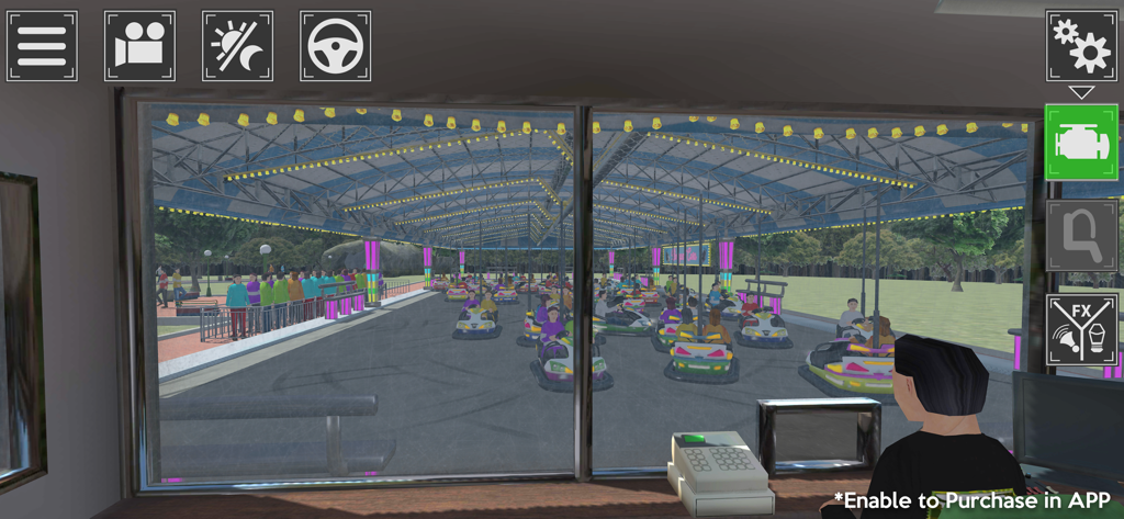 Theme Park Simulator - First person view of the bumper cars ride operator booth in Theme Park Simulator