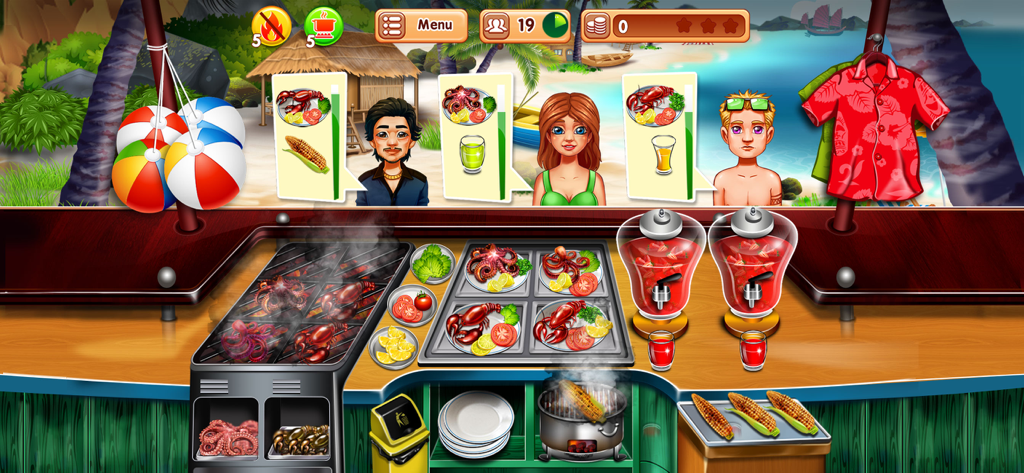 Gameplay von Cooking Fest mit einem tropischen Strand-Seafood-Restaurant, in dem Kunden Grillgerichte bestellen.