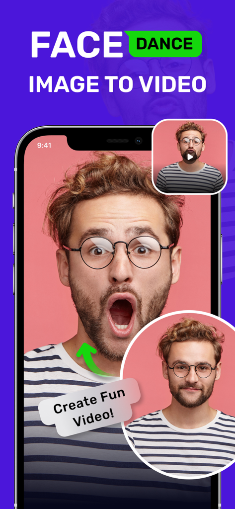 iPhone screen displaying the AI Dance app transforming a static photo into a funny animated face video