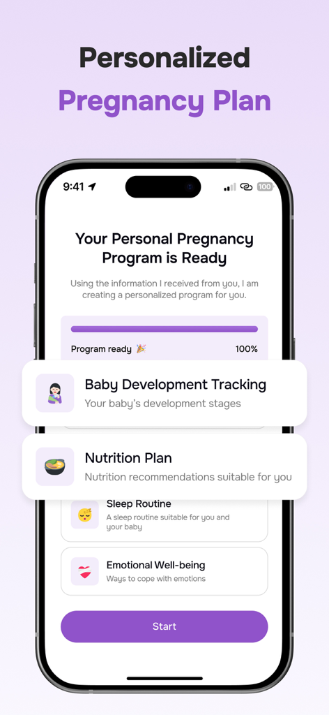 Pregnancy + Baby Tracker App - User interface of the Clovy app showing a personalized pregnancy plan with tracking for baby development and nutrition.