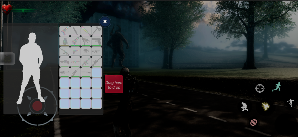 Chernobyl Legacy: Mutant Agent - 체르노빌 레거시의 인벤토리 관리 화면으로 캐릭터 실루엣과 무기 선택 그리드가 보입니다