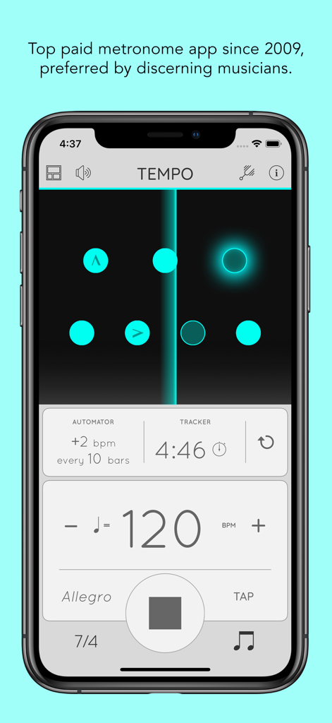Tempo - Metronome with Setlist - Interface of the Tempo metronome app on iPhone featuring BPM controls, automator, and visual beat indicators