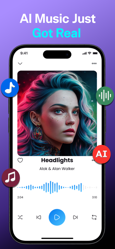 Music AI - Music Composer - Pantalla de smartphone mostrando el reproductor de música de la aplicación Music AI con arte de portada e forma de onda generados por IA.