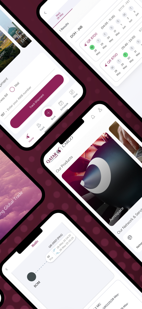 Interface of the Qatar Airways Cargo app showing shipment tracking and flight schedules