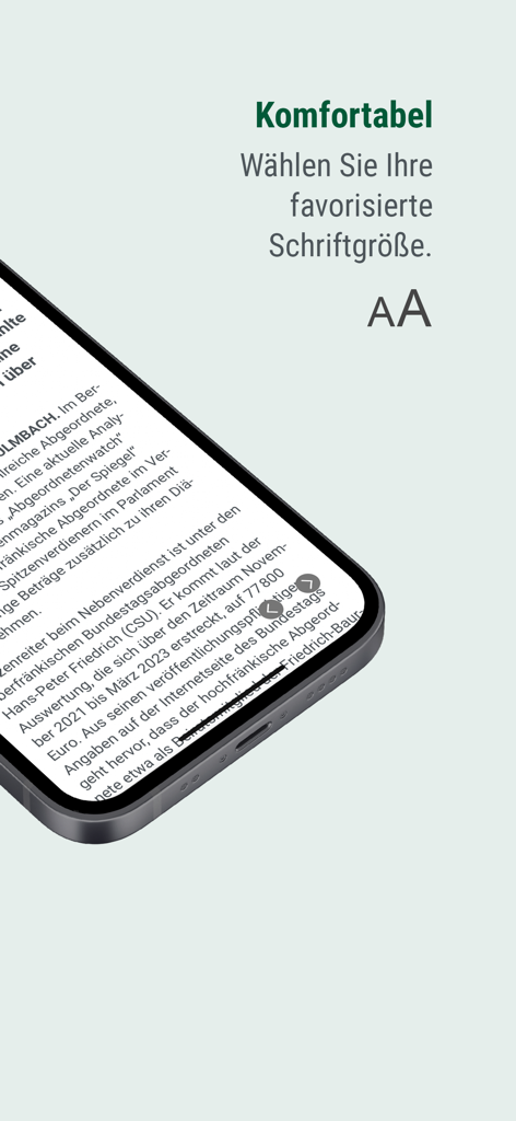 Screenshot of the Kurier E-Paper app highlighting the adjustable font size feature for comfortable reading