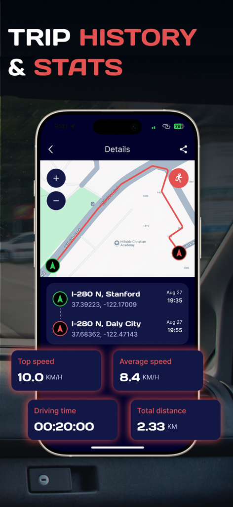 Interface showing trip history and statistics including map route top speed and distance in the Speedometer GPS app