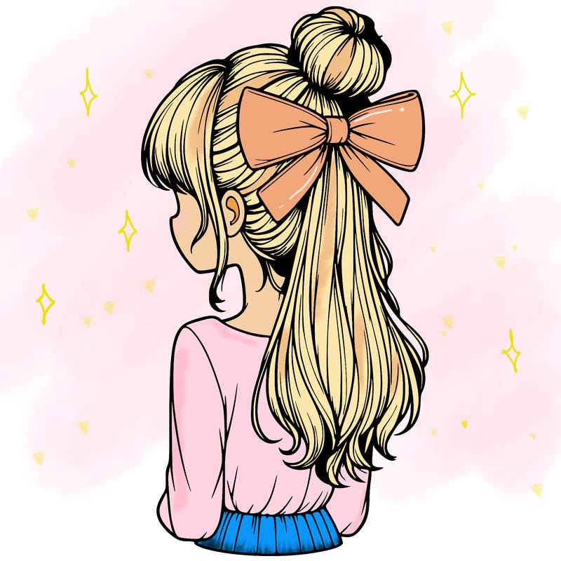 realistic girl  with hip length hair a bun and a big bow on the back of head