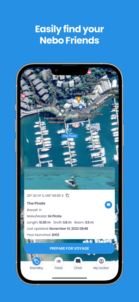 Satellite map view in the Nebo app showing boat locations in a marina and specific vessel details for a boat named The Pirate.