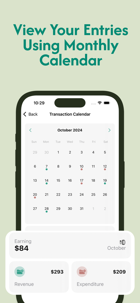 Accounting Bookkeeping Ledger - Accounting app monthly calendar view showing revenue and expenditure summaries on an iPhone
