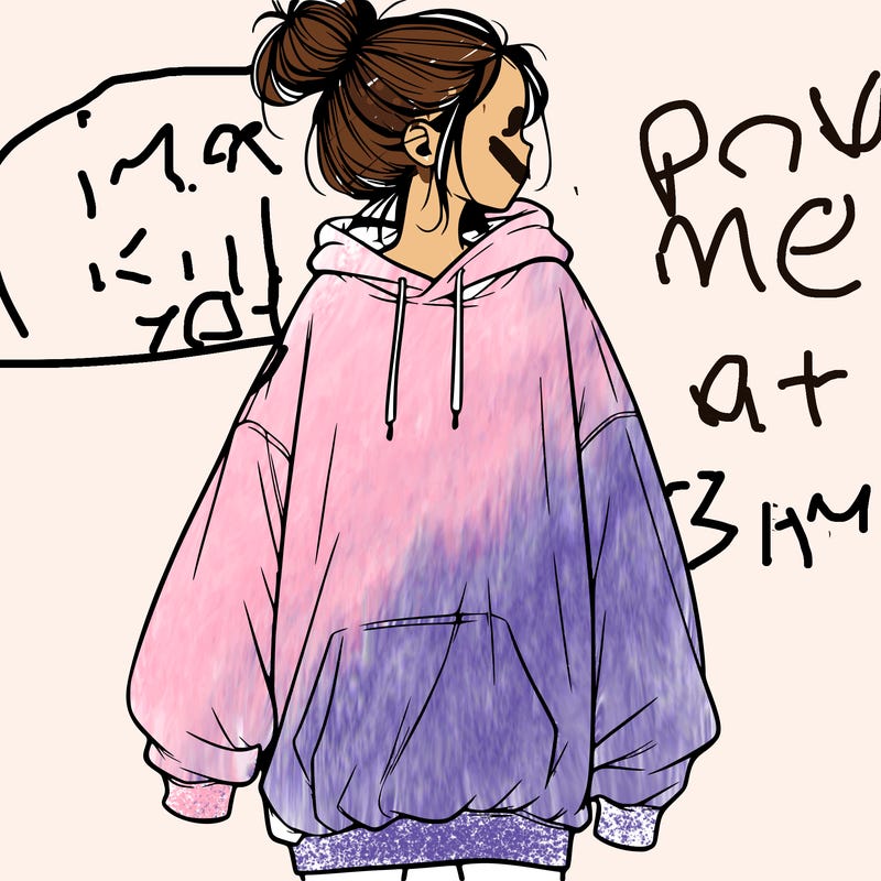 realistic girl with a oversized sweatshirt on and a bun