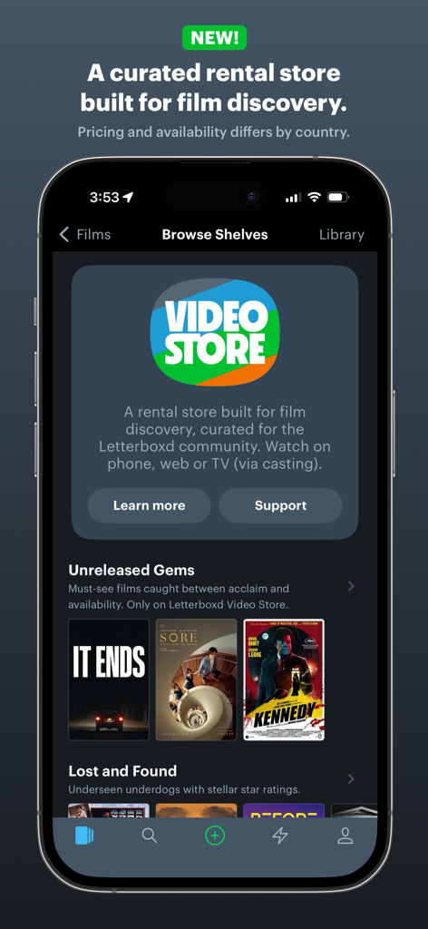 영화 발견 및 대여를 위한 큐레이션된 비디오 스토어 기능을 보여주는 Letterboxd 모바일 앱 화면