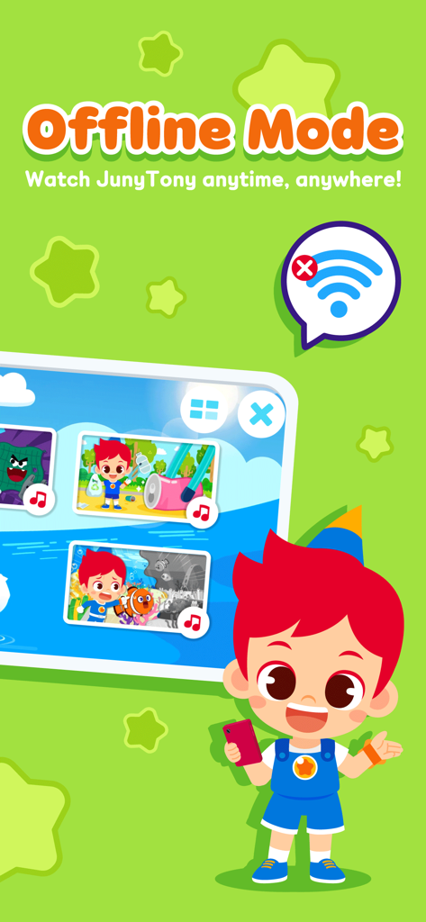 JunyTony - Learning & Games! - Captura de pantalla de la aplicación JunyTony promocionando el modo sin conexión para vídeos infantiles