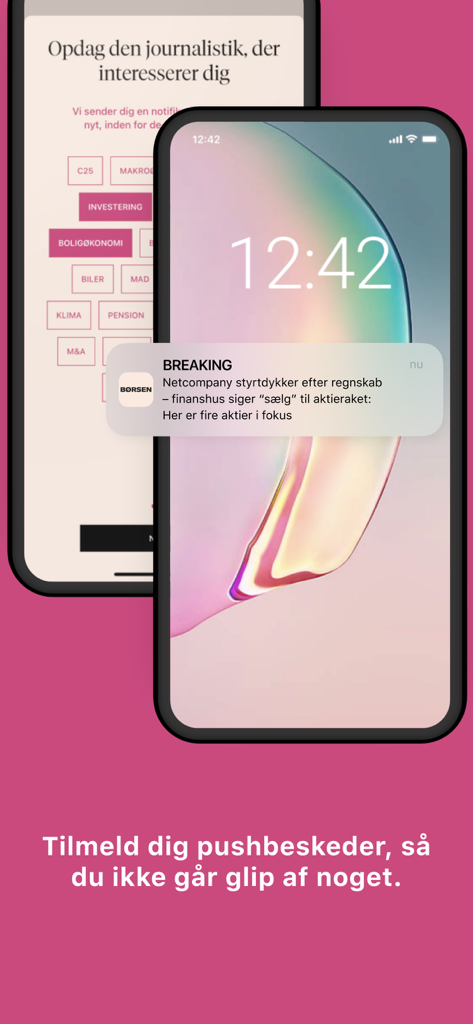 iPhone displaying a breaking news push notification from the Borsen app with a background of business topic tags