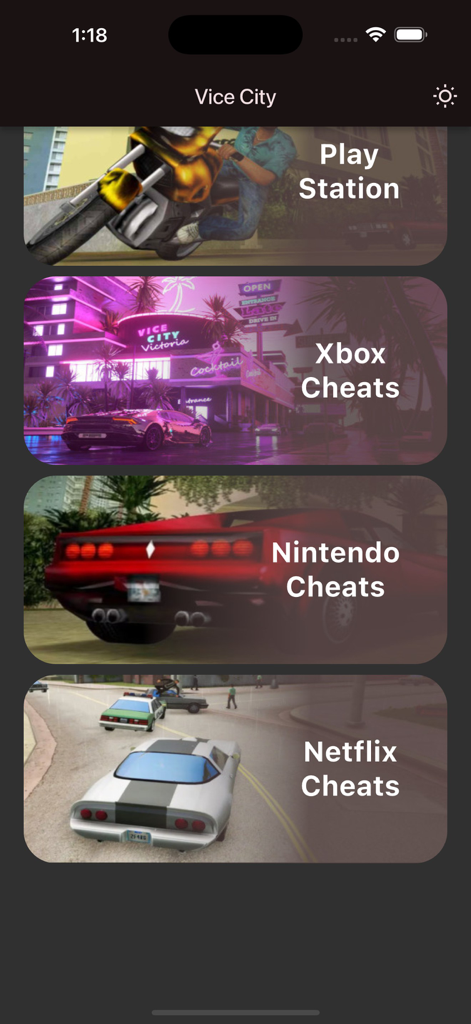 Main menu of the GTA Vice City cheat codes app showing platform selections for PlayStation, Xbox, Nintendo, and Netflix