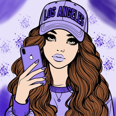 realistic beautiful girl wearing los ángeles cap holding an iphone