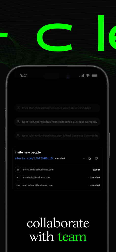 aleria ai - Aleria AI-Mobile-Oberfläche zum Einladen und Verwalten von Teammitgliedern