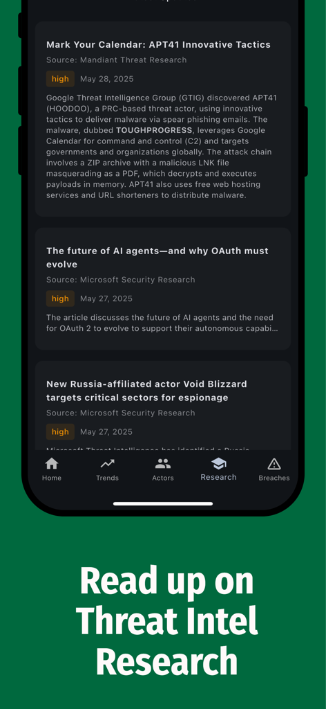 CyberPrism: CISA KEV & CVE - Bildschirm der CyberPrism-App, der Bedrohungsintelligenz-Recherche und Berichte anzeigt