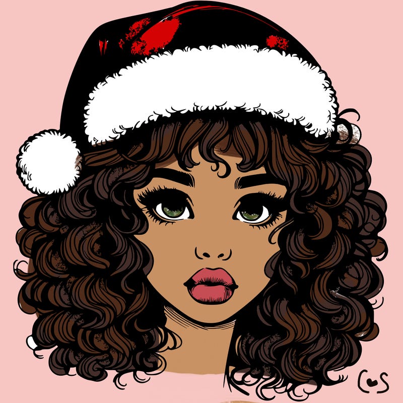 realistic girl with a santa hat curly hair and lips