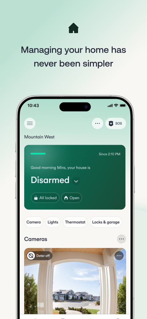 Vivint - Teléfono inteligente mostrando el panel de control de la aplicación Vivint con el estado de seguridad del hogar y la transmisión de cámara en vivo.
