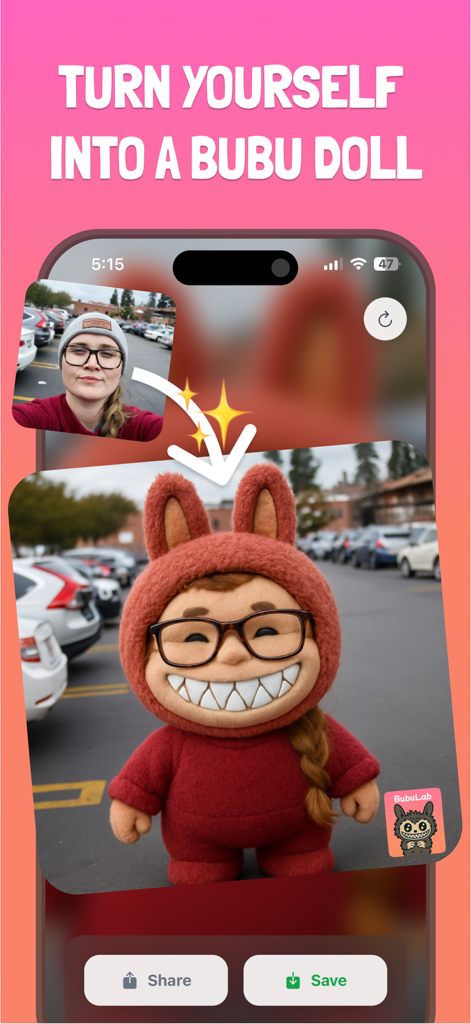 BubuLab: AI Bubu Generator - BubuLab app screenshot showing a selfie transformed into a cute AI-generated doll character in a fuzzy red suit.