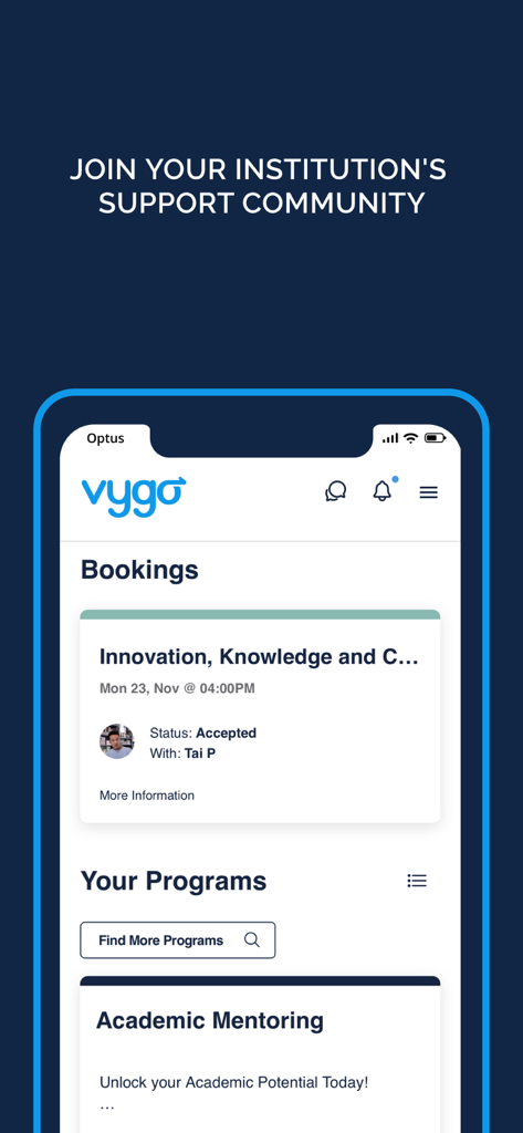 Vygo - The Vygo mobile app dashboard displaying student session bookings and academic mentoring programs.