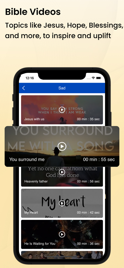 A mobile app screen showing a library of inspirational Bible videos with titles like Jesus with us and You surround me.