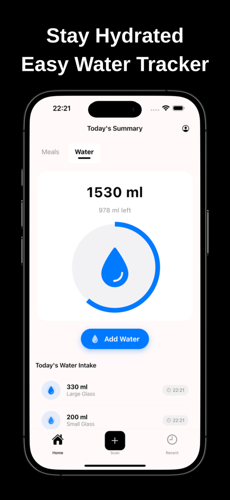 Calo: Calorie Tracker - Calo app water tracker screen showing daily hydration progress and intake history