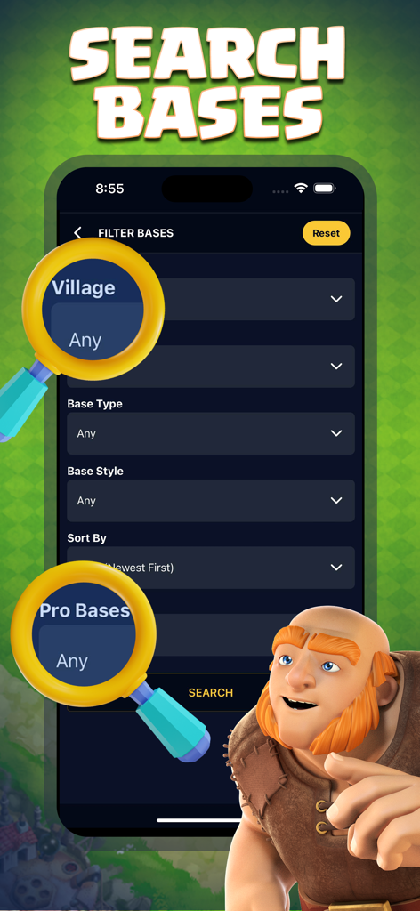 Interface de pesquisa no aplicativo Clash Champs com filtros para tipo de vila e layouts de base profissionais.