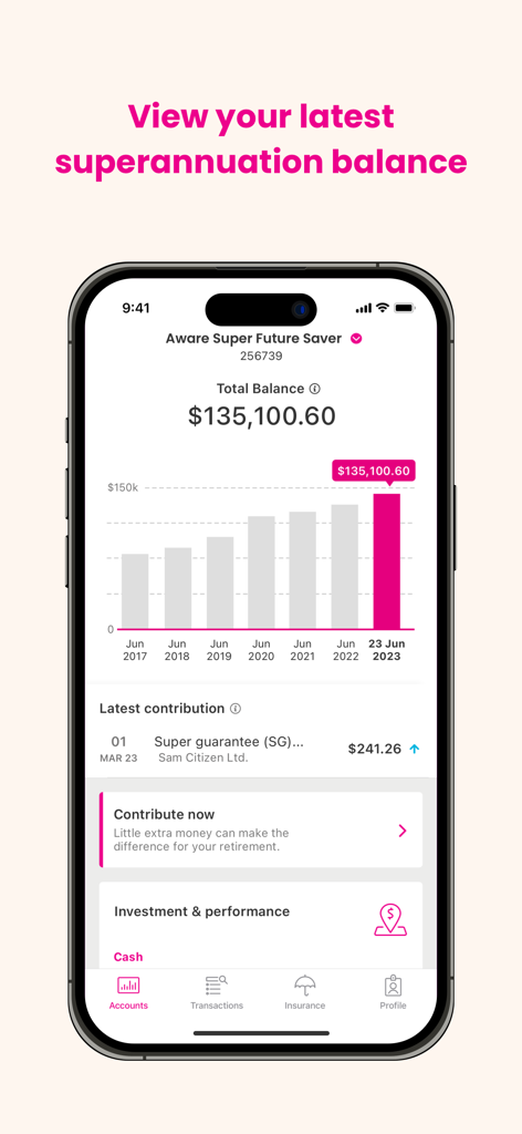 Aware Super mobile app screen showing account balance and retirement savings history chart