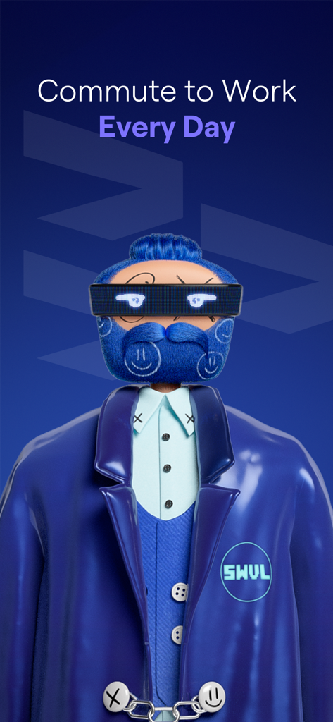 Swvl - Daily Rides - Stylized character in a blue coat with the text Commute to Work Every Day for Swvl app