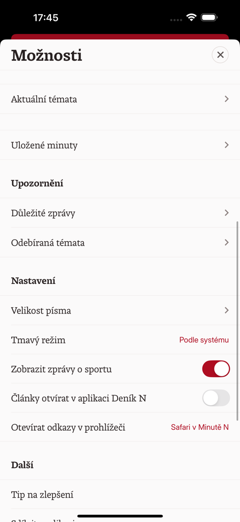 Settings menu of the Minuta N mobile news app in Czech showing options for notifications and display preferences.