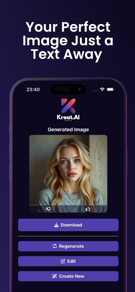 Kreat.AI Image Generator - Kreat.AI mobile app interface showing a high-quality AI-generated portrait of a woman with buttons for editing and downloading.