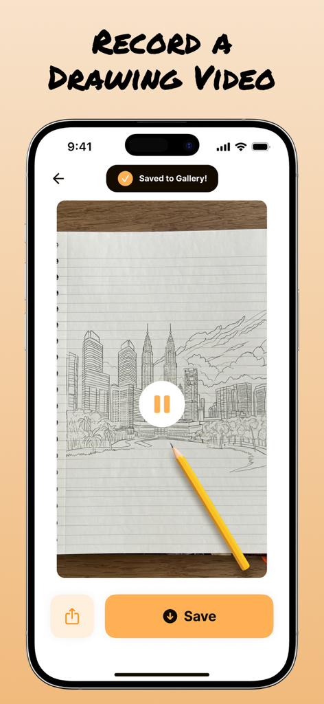 AR Draw: Sketching & Painting - Pantalla de smartphone mostrando un boceto de horizonte de ciudad siendo grabado en la aplicación AR Draw con una notificación de guardado en la galería