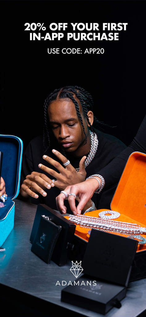 Tela promocional do aplicativo Adamans oferecendo vinte por cento de desconto na primeira compra com o código APP20