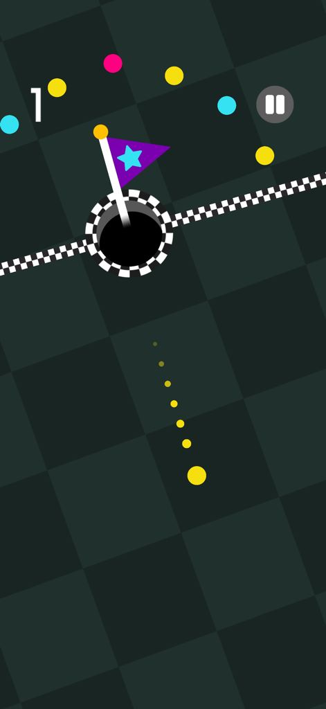 A yellow ball bouncing towards a hole with a purple flag on a dark checkered background