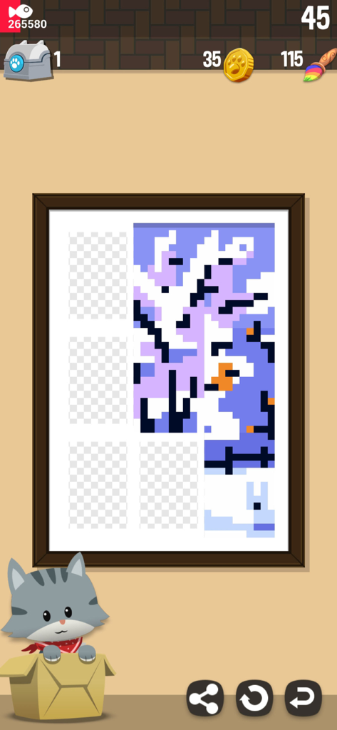 Hungry Cat Nonogram - A colorful pixel art puzzle being solved in the Hungry Cat Nonogram app with a cute grey cat in a box