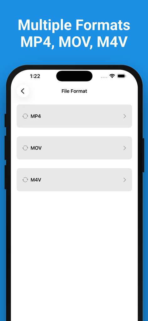 Video Converter MP4 - Interfaccia dell'app mobile che mostra le opzioni di conversione dei formati video per MP4 MOV e M4V