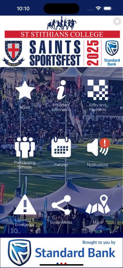 St Stithians College - St Stithians College Saints Sportsfest 2025 app home screen with event navigation icons.