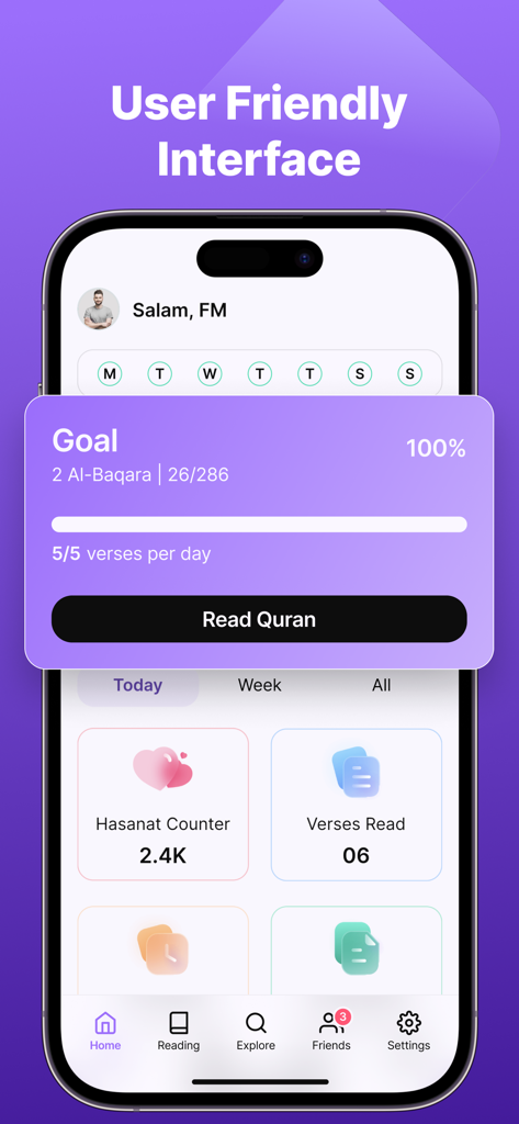 Quranly App-Dashboard mit täglichem LeseZielFortschritt und Hasanat-ZählerStatistiken