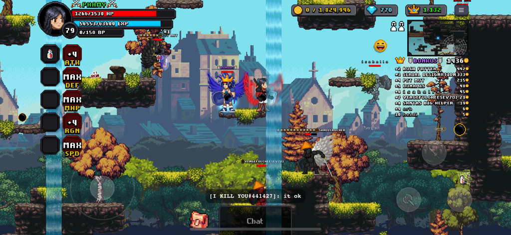 Captura de pantalla de jugabilidad de GoBattle.io que muestra personajes retro pixel art y la interfaz de batalla