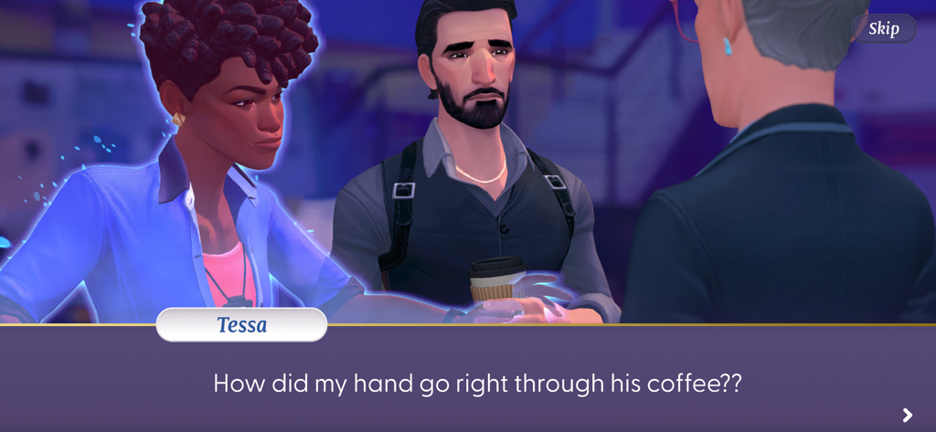 Ghost Detective - Un personaje fantasmal llamado Tessa se da cuenta de que su mano puede atravesar objetos como una taza de café en una escena de misterio