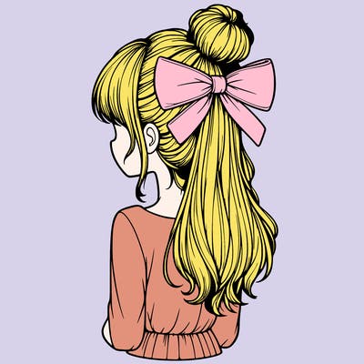 realistic girl  with hip length hair a bun and a big bow on the back of head