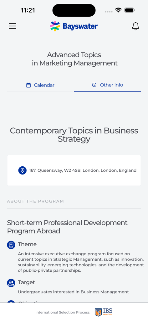 IBS Americas - Tela do aplicativo IBS Americas mostrando detalhes de programas de curta duração para cursos de negócios em Londres