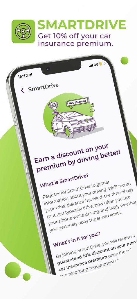 OUTsurance app SmartDrive screen showing how users can get a 10 percent discount on car insurance for safe driving.