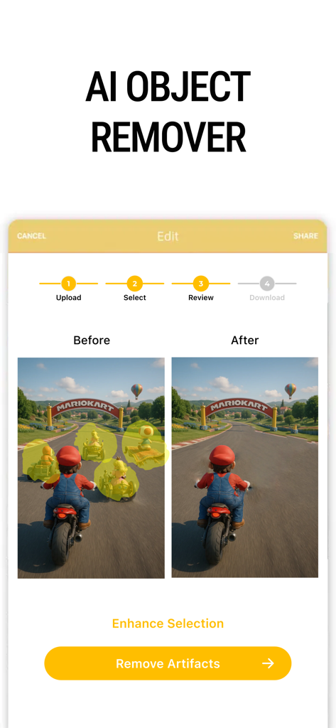 Watermark Maker: Add Signature - A before and after comparison of the AI object removal tool in the mobile app interface.