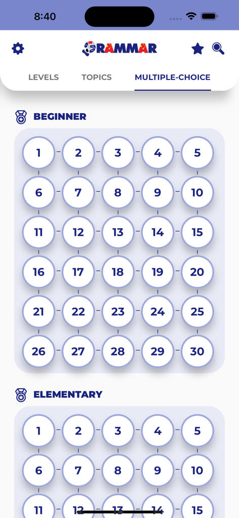 Chinese GrammarーLessons・Tests - Chinese grammar app screen showing multiple choice tests organized by beginner and elementary levels