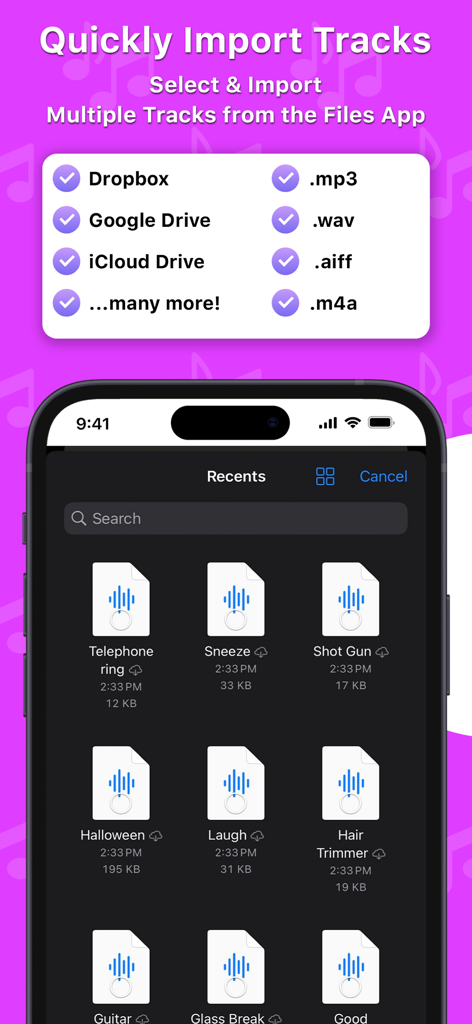 Soundboard Studio - Interface showing the ability to import multiple audio tracks from the Files app and cloud storage into Soundboard Studio.